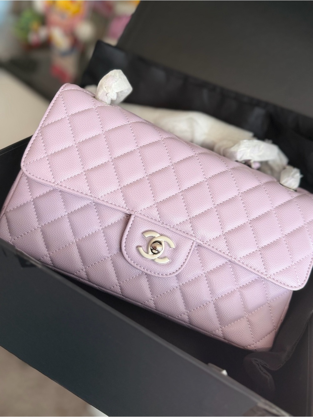 Inspired Quilted Double Flap Shoulder Bag in Light Purple